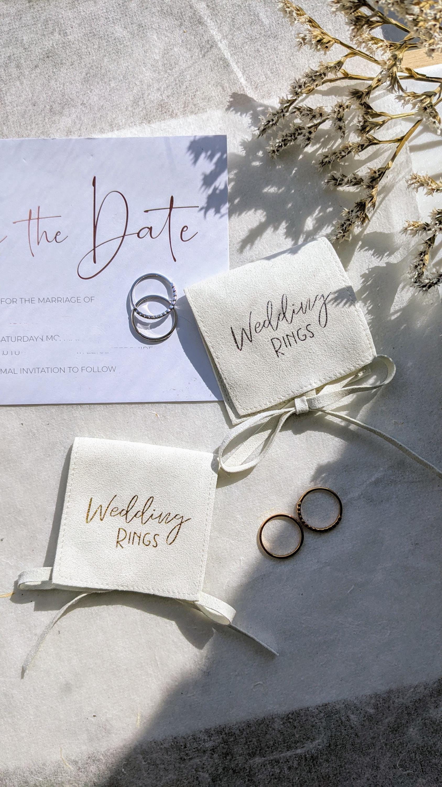 6x6cm Wedding Rings Gift Bag Handmade with recycled Vegan Suede, White Ring Pouch in Gold or Silver available for personalisation