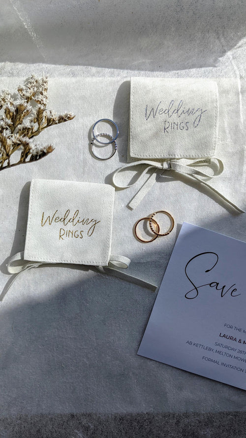 6x6cm Wedding Rings Gift Bag Handmade with recycled Vegan Suede, White Ring Pouch in Gold or Silver available for personalisation