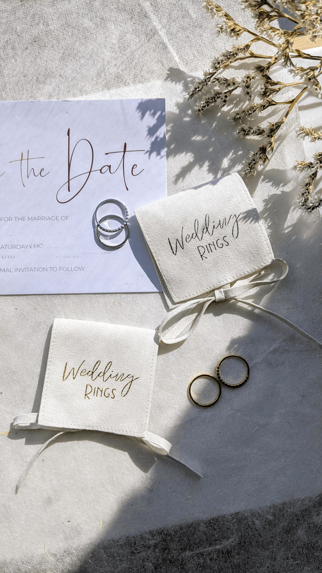 6x6cm Wedding Rings Gift Bag Handmade with recycled Vegan Suede, White Ring Pouch in Gold or Silver available for personalisation