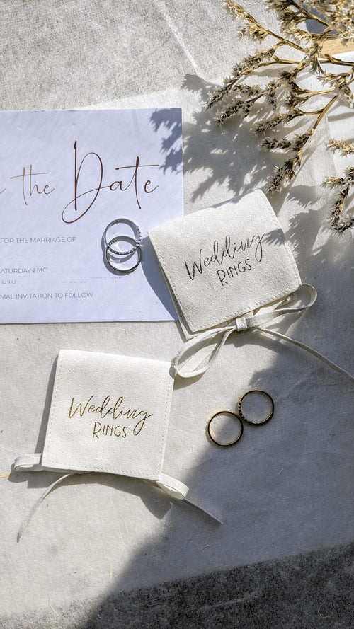 6x6cm Wedding Rings Gift Bag Handmade with recycled Vegan Suede, White Ring Pouch in Gold or Silver available for personalisation