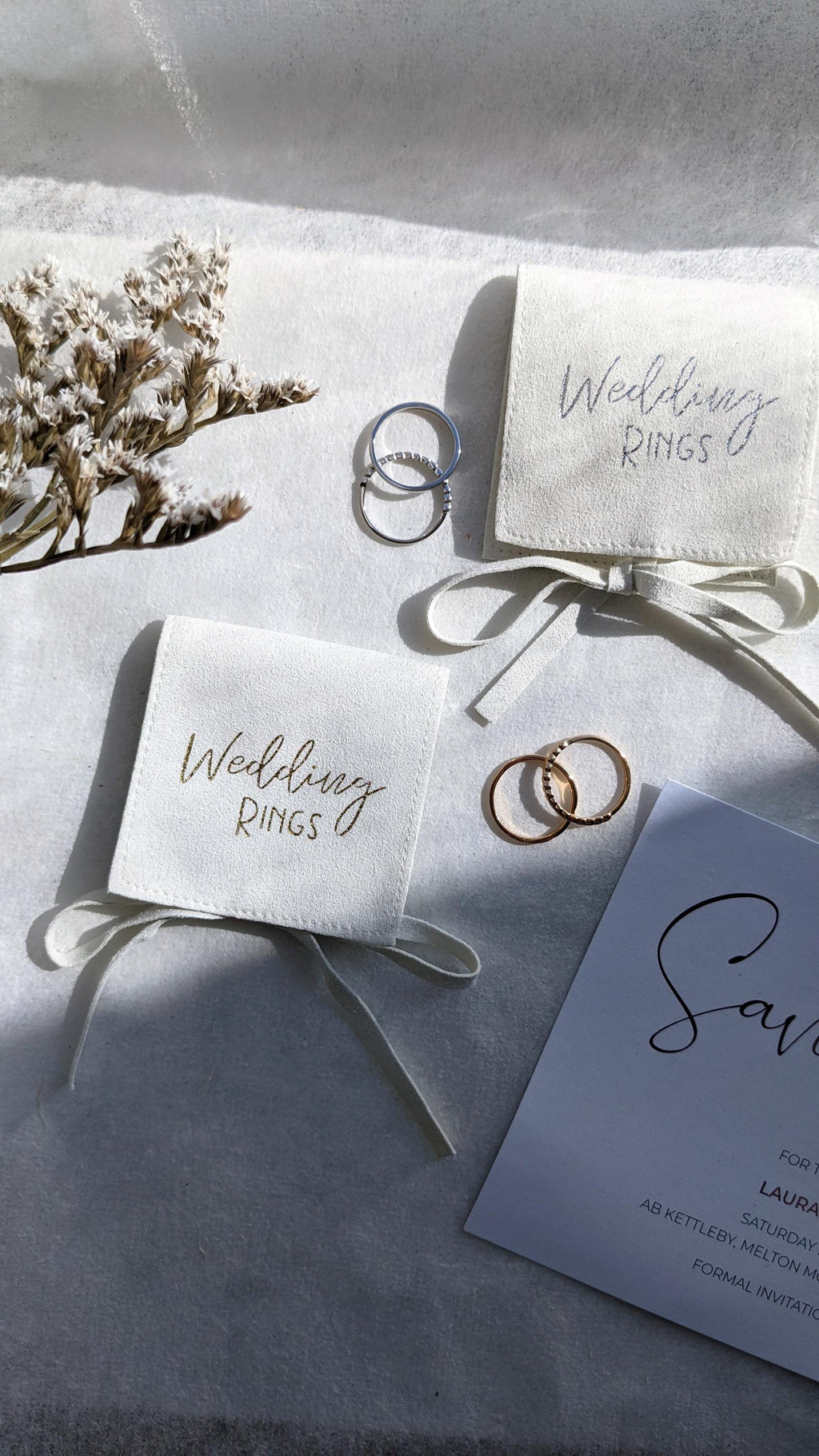 6x6cm Wedding Rings Gift Bag Handmade with recycled Vegan Suede, White Ring Pouch in Gold or Silver available for personalisation