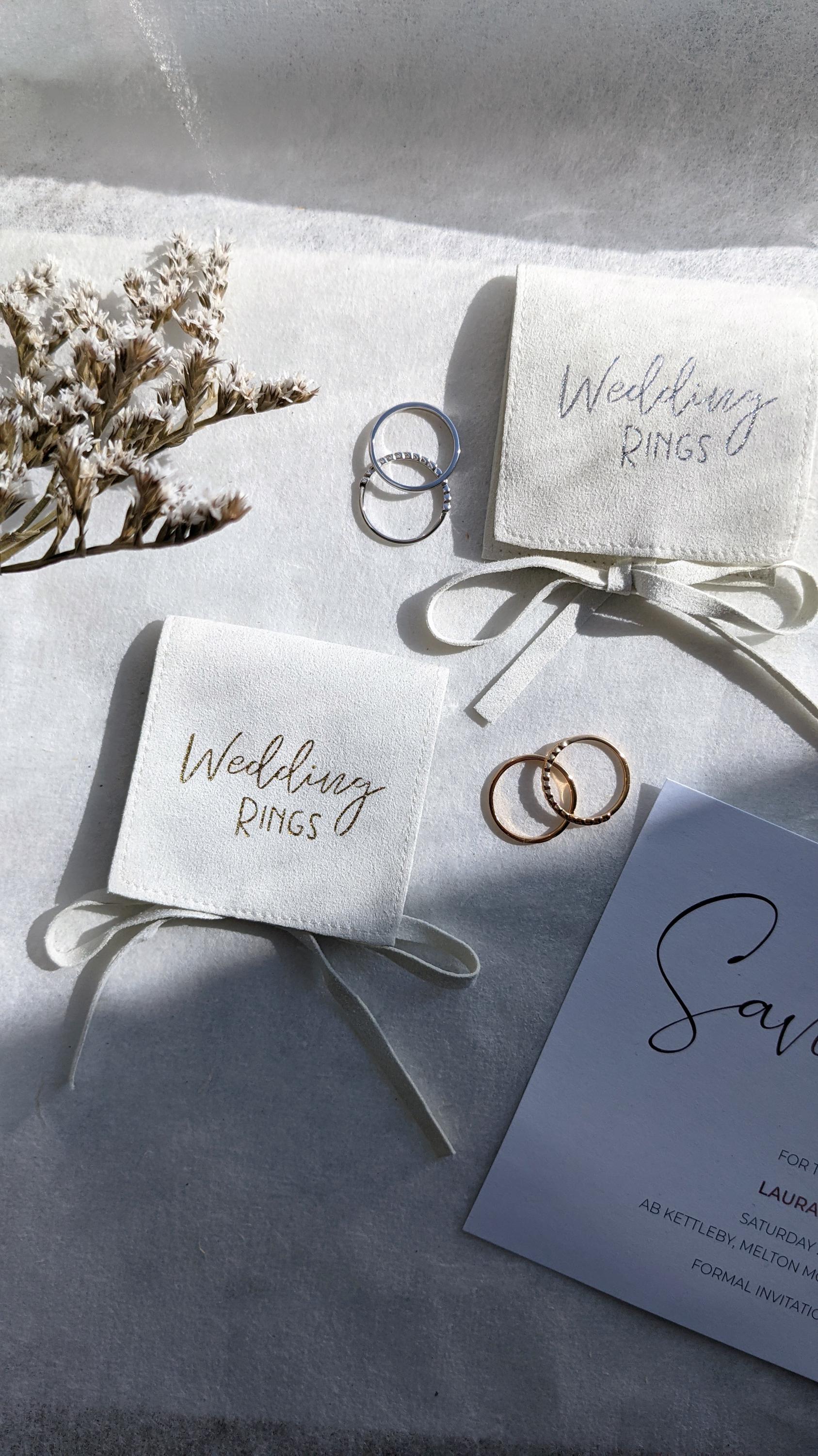 6x6cm Wedding Rings Gift Bag Handmade with recycled Vegan Suede, White Ring Pouch in Gold or Silver available for personalisation