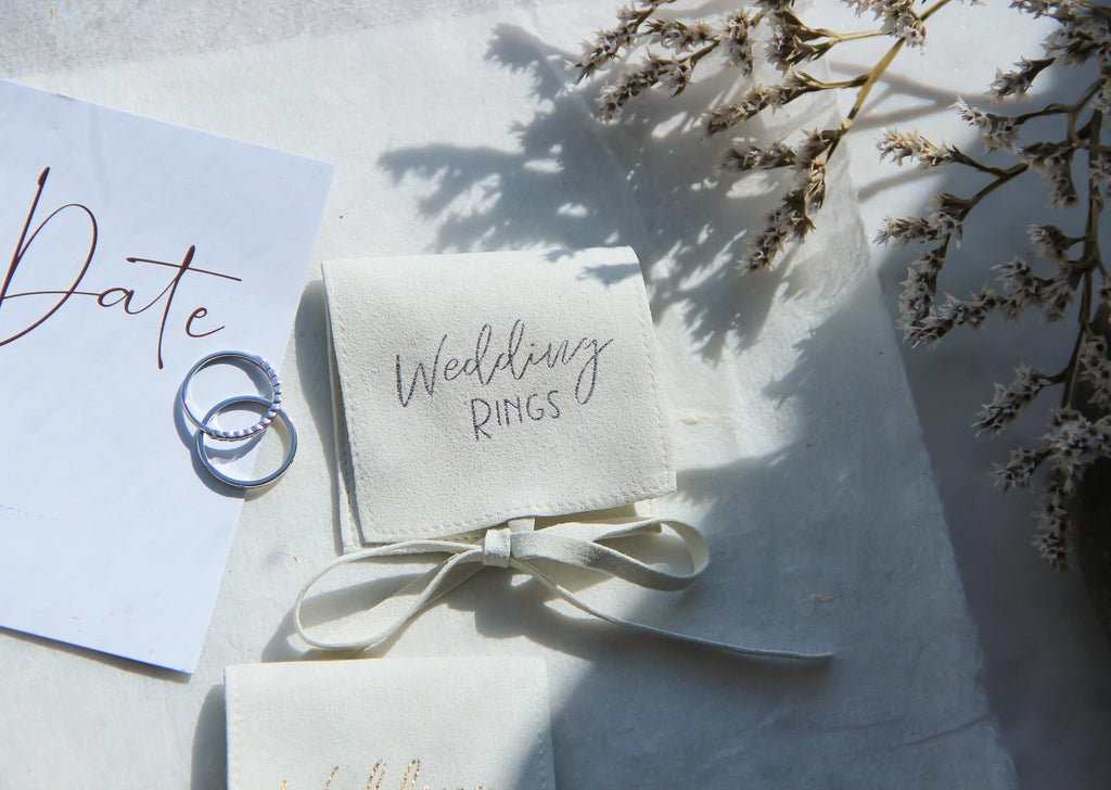 6x6cm Wedding Rings Gift Bag Handmade with recycled Vegan Suede, White Ring Pouch in Gold or Silver available for personalisation
